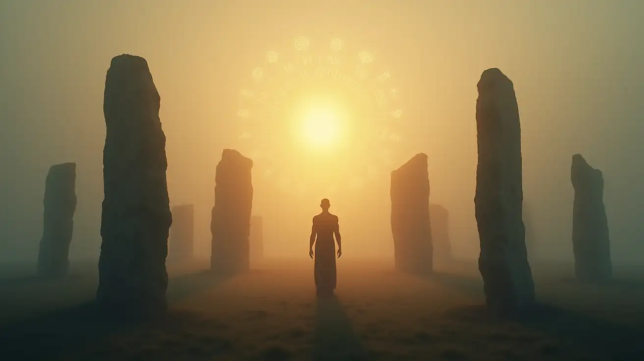A misty dawn scene inside an ancient stone circle. Tall standing stones rise, bathed in soft golden light breaking through the mist. Subtle translucent silhouettes of ancestors stand at the edges of the stones, watching with quiet reverence. Faint glowing symbols and ancestral markings hover in the air above the figure—spirals, animals, ancient runes—radiating with memory and connection. Atmosphere of deep lineage, love, and timeless remembrance.