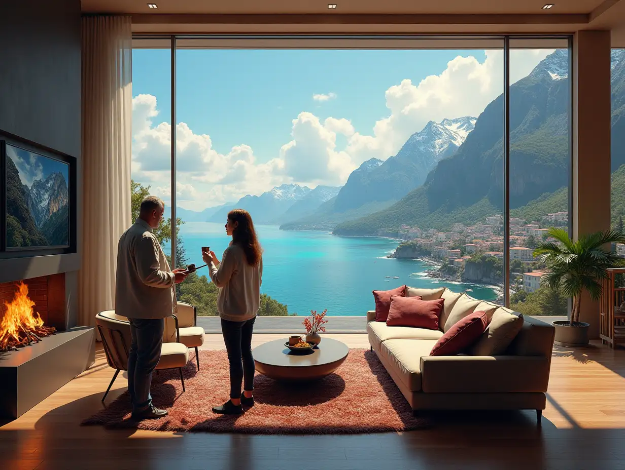 Ultra-detailed hyperrealistic portrait of a 53 year old woman and a man with a pipe in his hand in a very nice large living room with modern furniture and modern dragon fireplaces, a beautiful open terrace overlooking the sea, elaborately detailed, colorful sea, city, rocks, mountains with snow