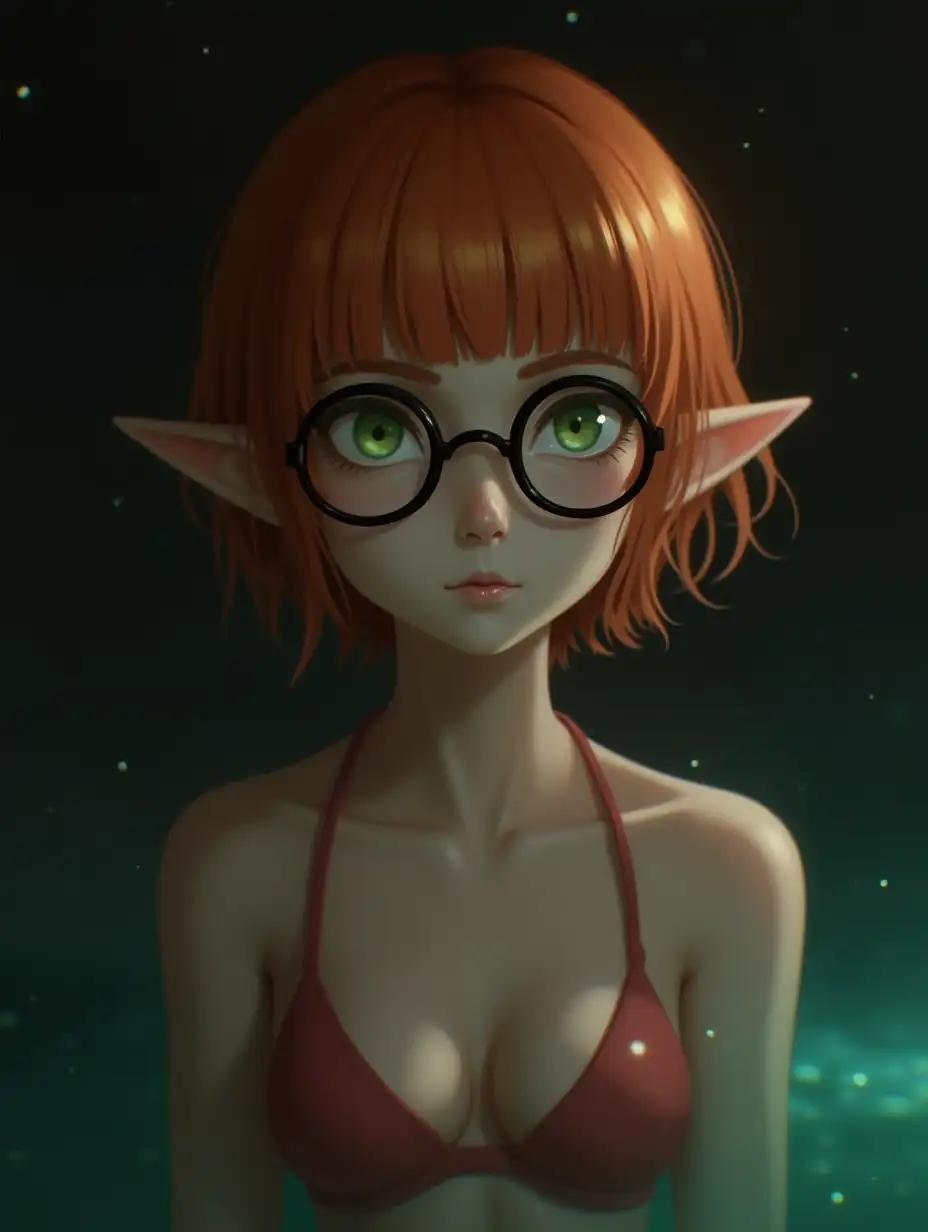 Highly detailed textures, digital art, 1girl, rounded glasses, pointy ears, perfect face, french short hair, orange hair, perfect green eyes, makeup, bikini, chromatic aberration, blurry, dark atmosphere, gloomy atmosphere,