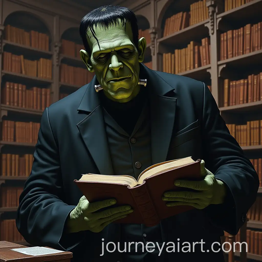 Realistic-Gothic-Horror-Portrait-in-Draculas-Castle-with-Frankensteins-Hand-Grabbing-a-Book