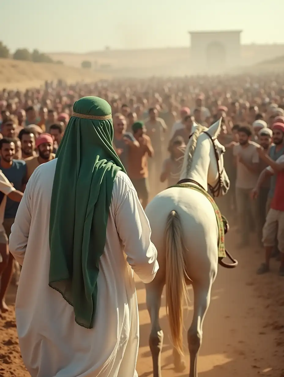 A man in white Arabic clothing, wearing a green abaya and a green cloth on his head, with his back to the camera, is walking with a white horse with his back to the camera towards a large crowd of people, and people are running towards him with joy.