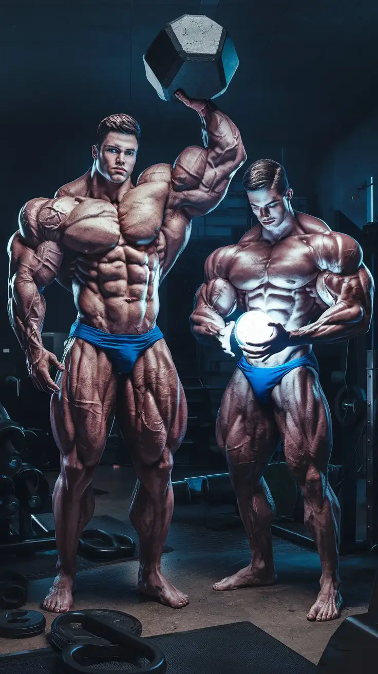 The moment we realized we had become supermen. 2 College aged super bodybuilders. Massive Muscles. Awesome powers. Joy. Dorm room. Night. Photorealistic.