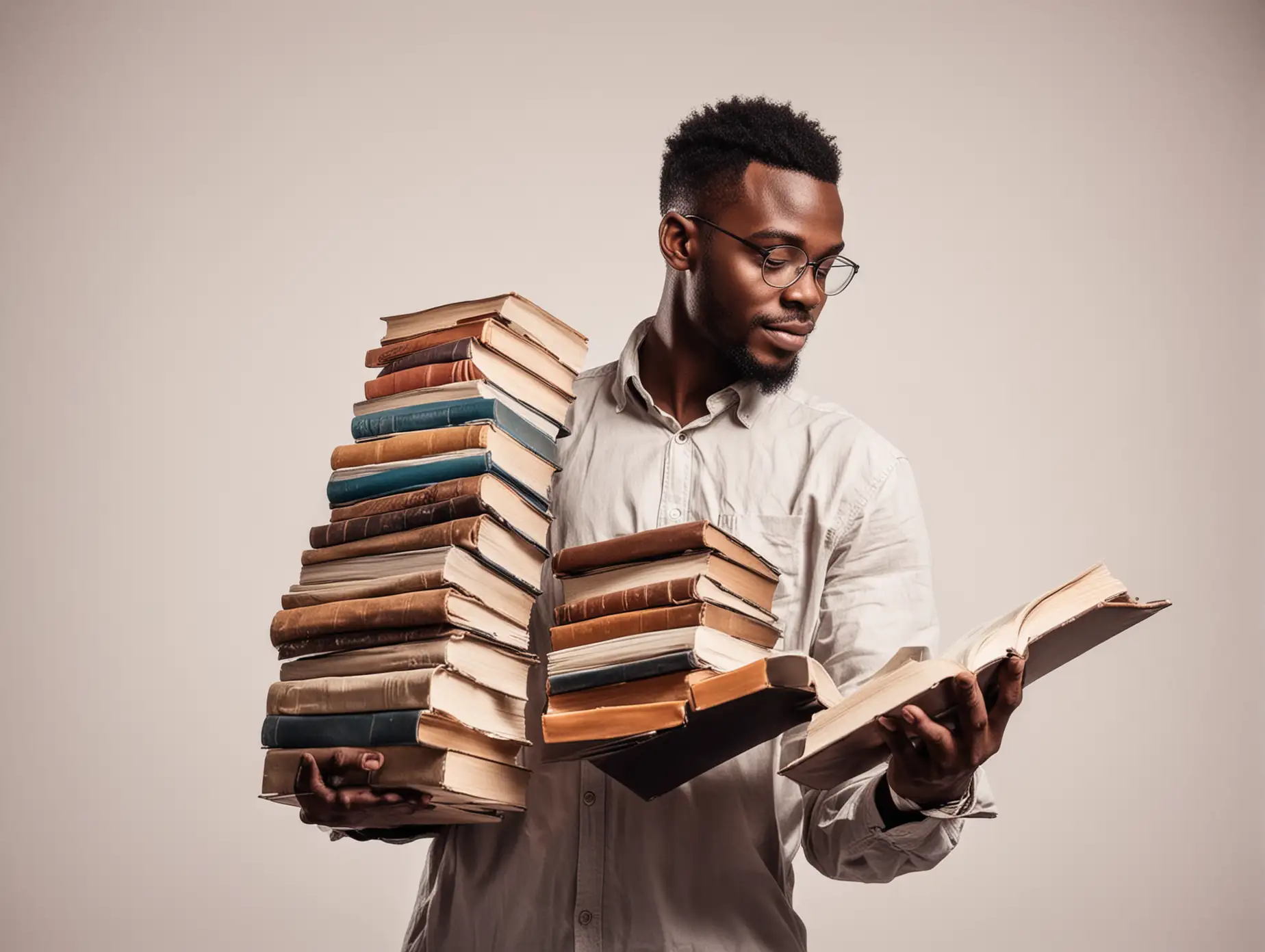 Joyful African Man with Books Amidst Reading Silhouettes