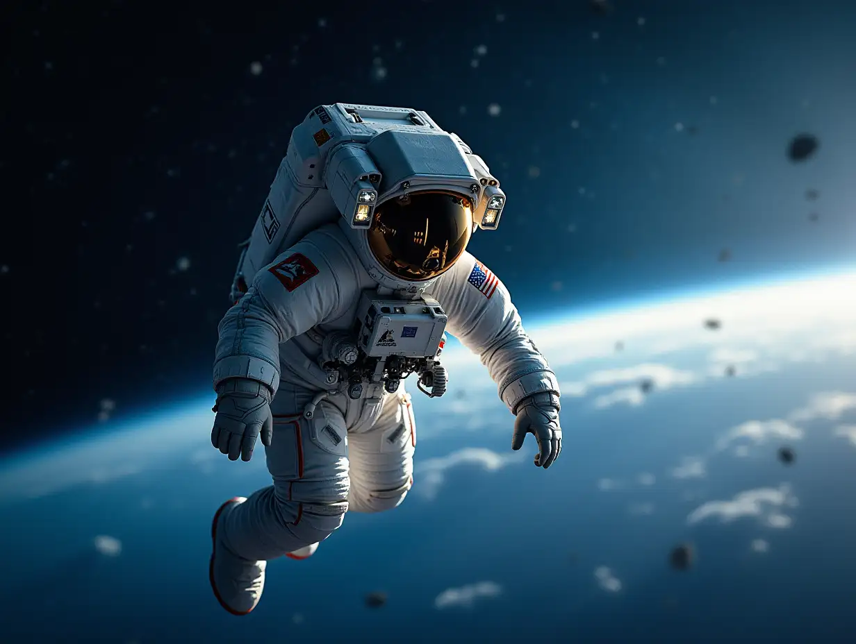 Astronaut at spacewalk on planet orbit