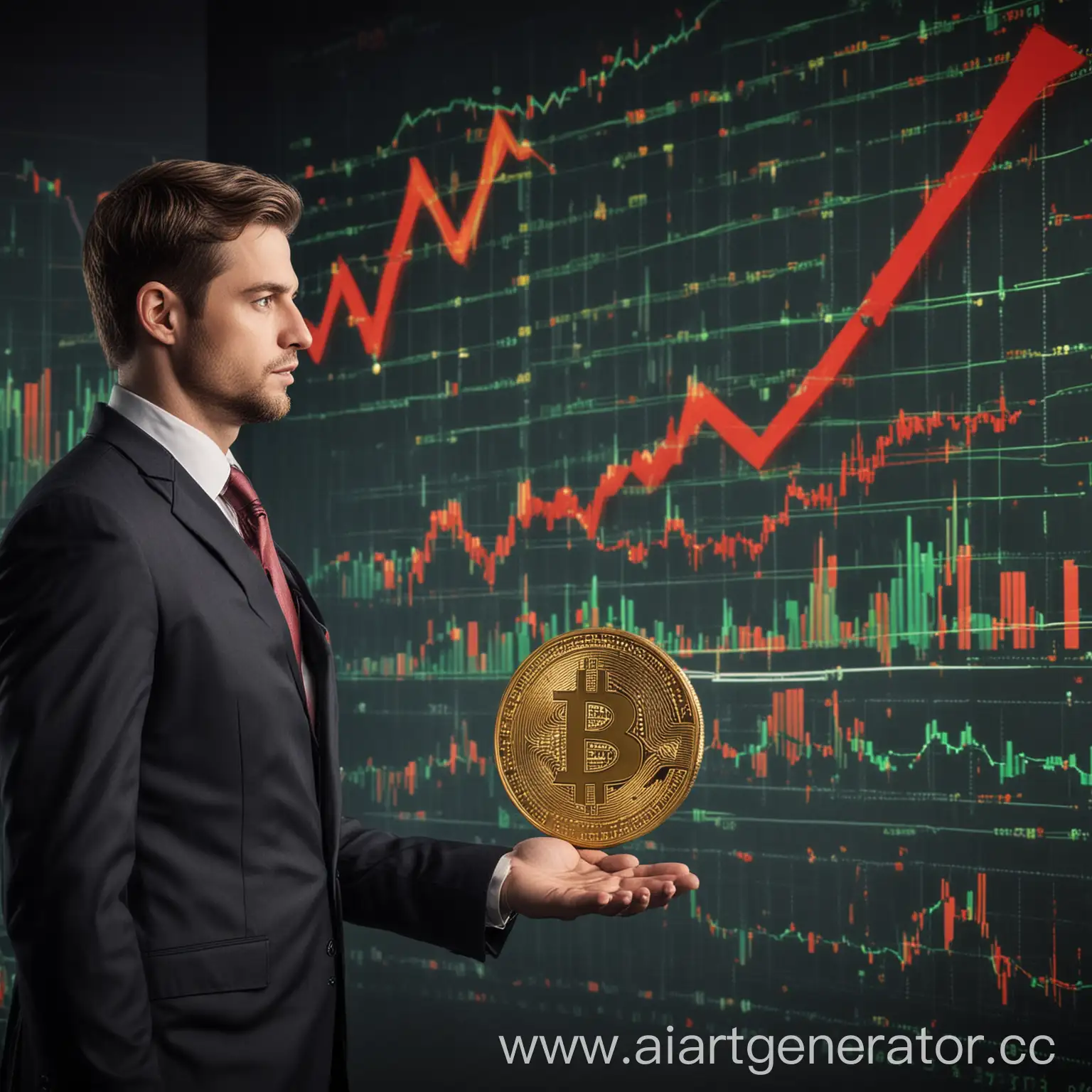 Presenter-with-Bitcoin-Coin-and-Stock-Market-Chart-Background