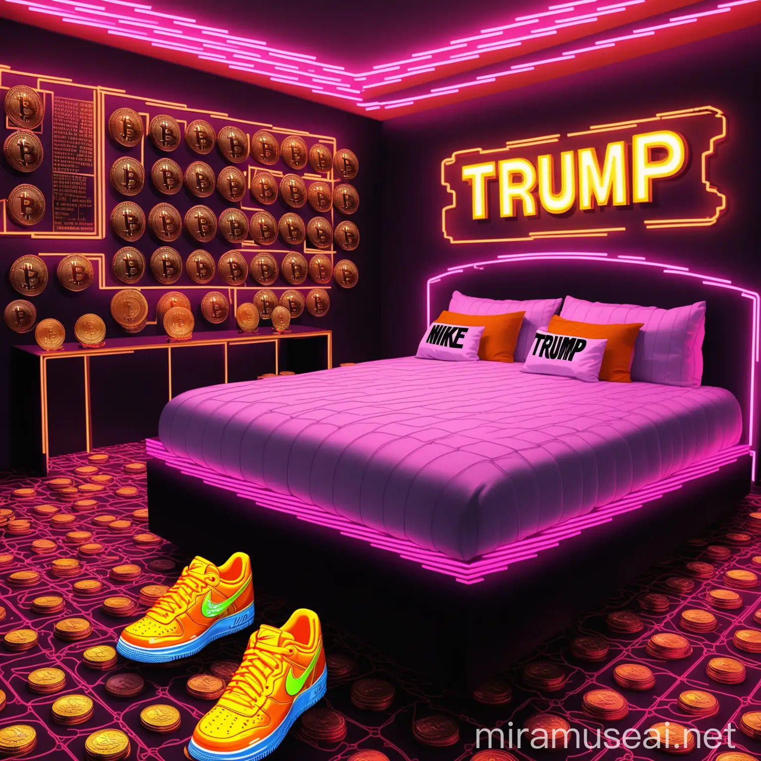 Donald Trump Wearing Nike Sneakers in a Neon BitcoinThemed Room