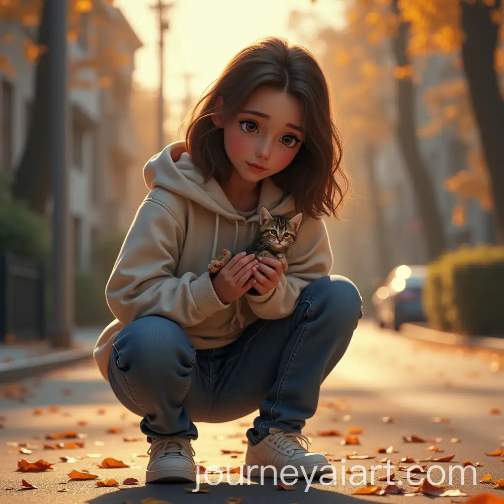 Teenage-Girl-Rescuing-and-Caring-for-Injured-Kitten-on-Urban-Street