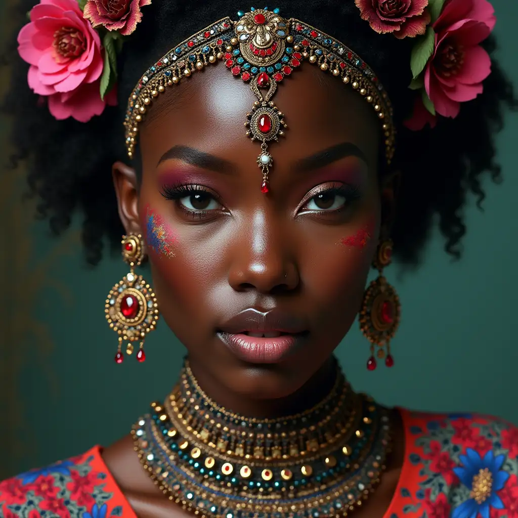 Hyperrealistic portrait of a beautiful black woman, wearing intricately detailed, colorful and futuristic jewelry.