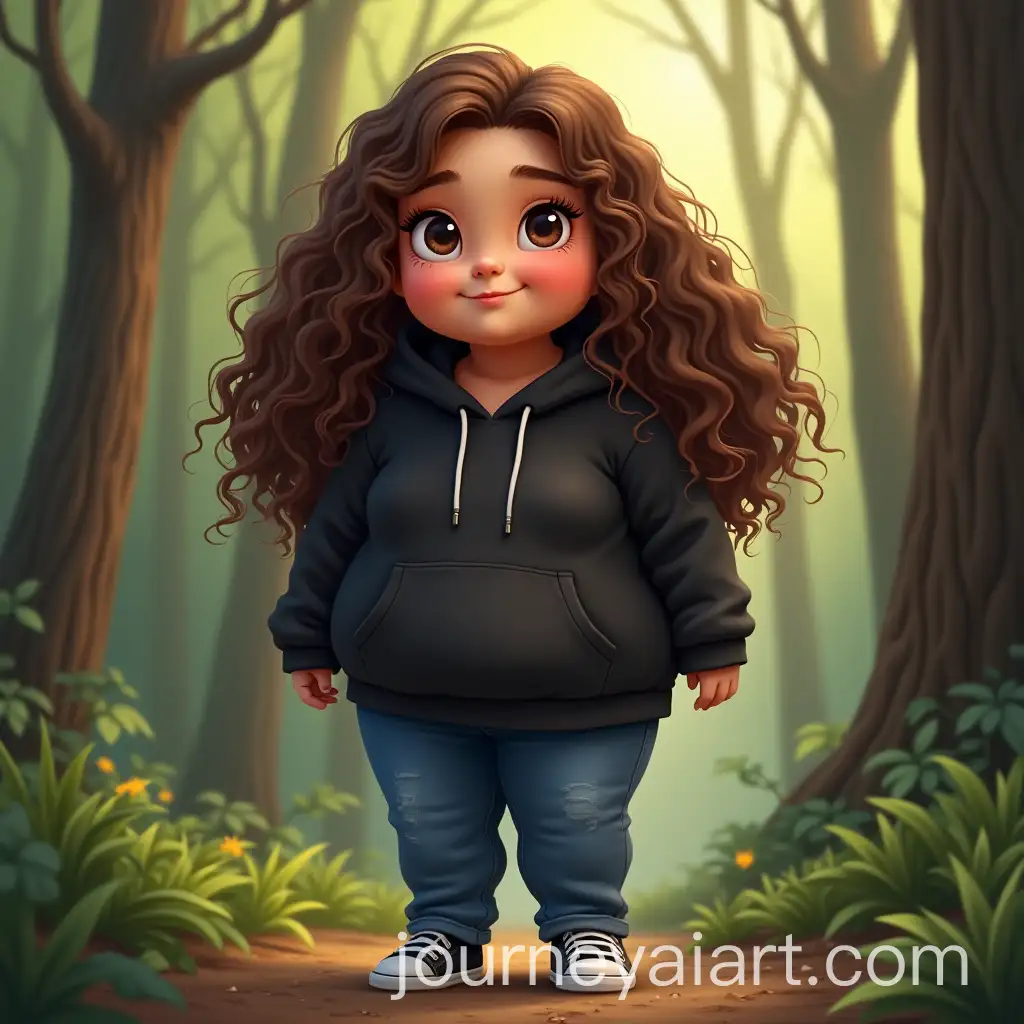 Cartoon-Chubby-Girl-with-Long-CurAI-Image-Prompt-Expansionly-Hair-in-a-Forest-Wearing-Black-Hoodie-and-Jeans