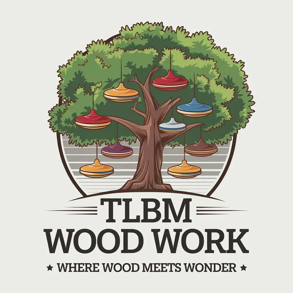 LOGO Design for TLBM Wood Work Cartoon Tree with Colorful Spinning Tops and Clear Background