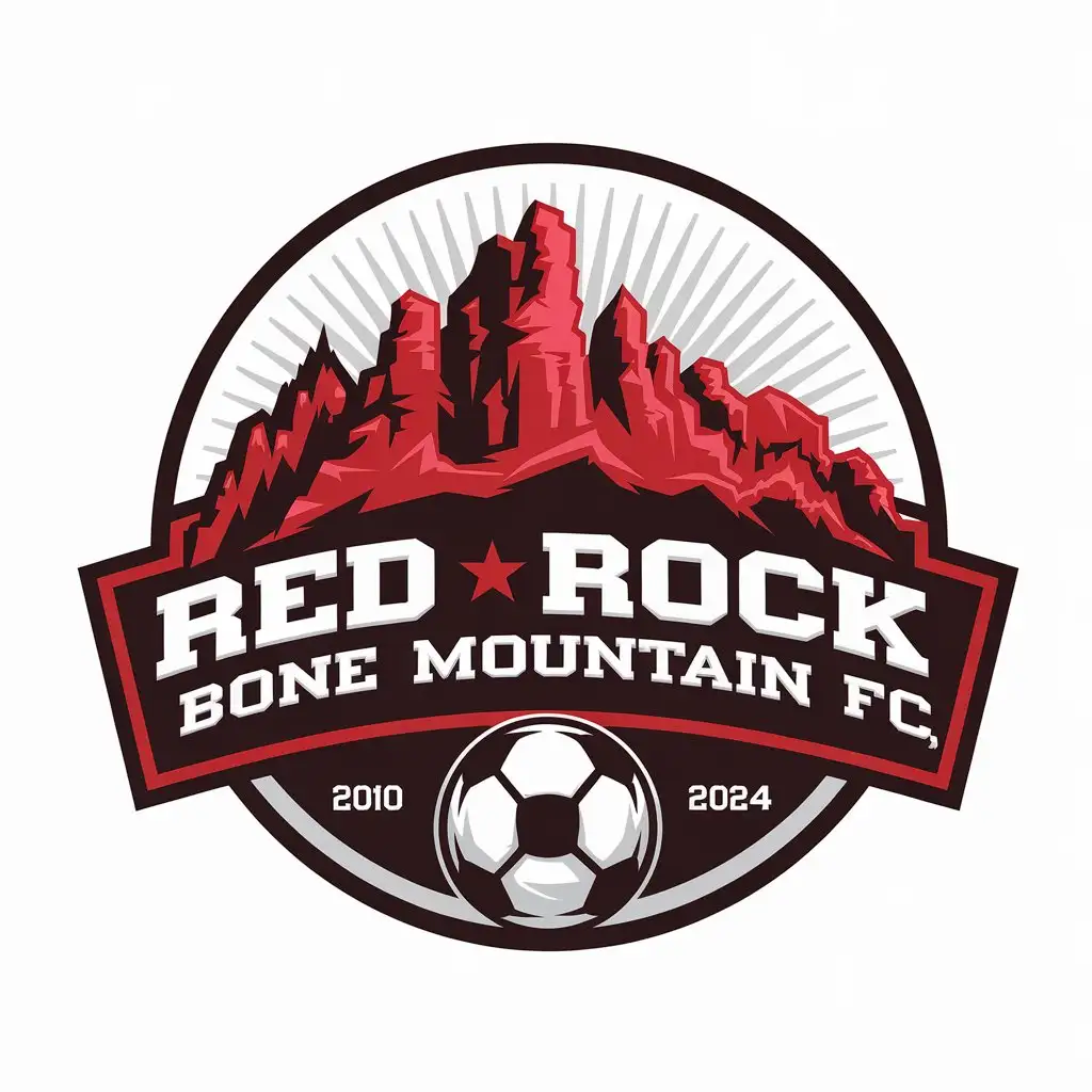 a vector logo design,with the text "Red Rock Bone Mountain FC, 2024", main symbol:Vibrant red rocky mountains, black base, soccer, overall circular pattern,Moderate,be used in Sports Fitness industry,clear background