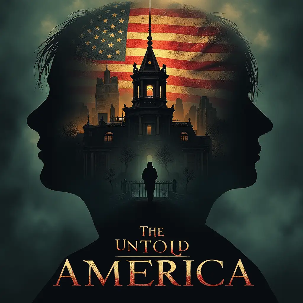 A mysterious and captivating design representing the hidden history of America. Include subtle symbols of America’s past such as the American flag, historical buildings, and shadowy figures representing famous historical events and paranormal phenomena. The design should evoke curiosity and intrigue, with a dark and moody color palette, blending elements of history and mystery. The text on the image should read ‘The Untold America’. No specific people or faces should be used