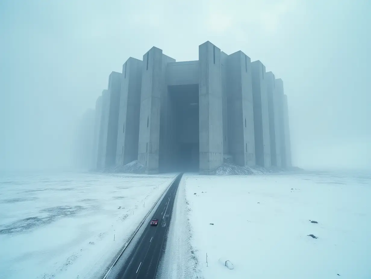 A cinematic aerial view of a massive, monolithic brutalist structure rising from an endless frozen landscape. The building is stark, made of raw concrete, with sharp geometric edges and deep shadows. A single icy road cuts through the snow, leading to the entrance of the imposing megastructure. A lone car moves cautiously along the road, emphasizing the scale and isolation. The lighting is moody, with diffused overcast clouds casting a cold, desaturated glow over the scene.