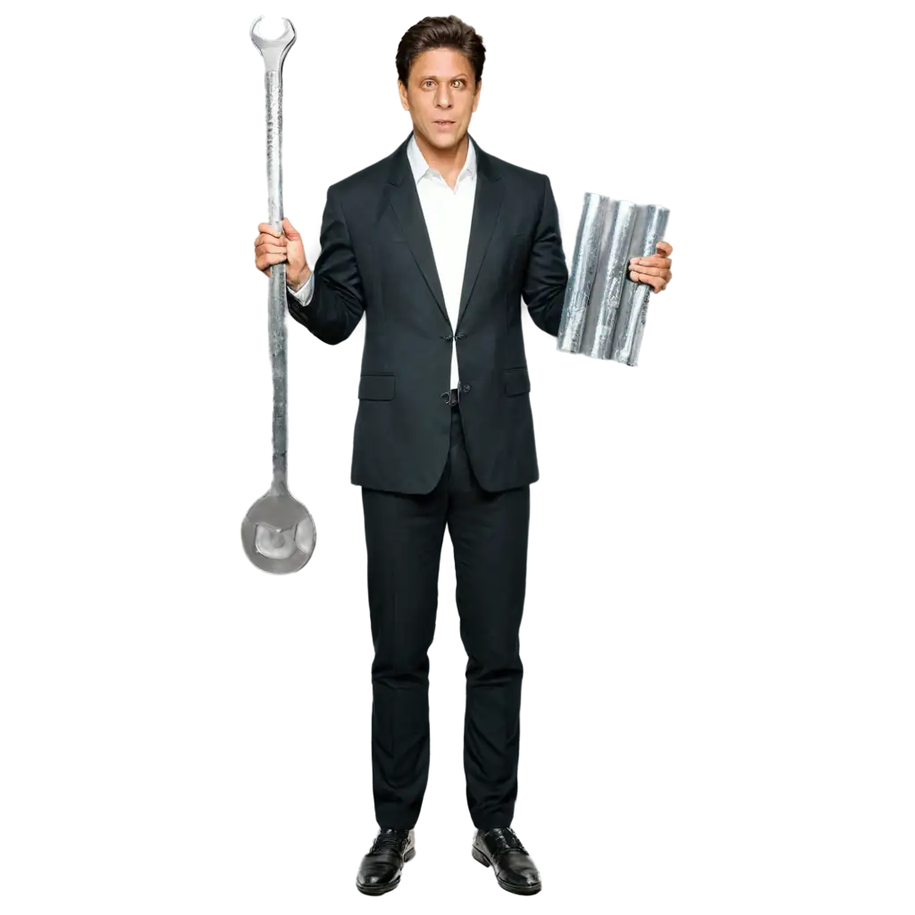 100 ft tall  Sharukh khan Bollywood celebrity person from India standing with Holding Rungta Steel  TMT Bar with his Right hand