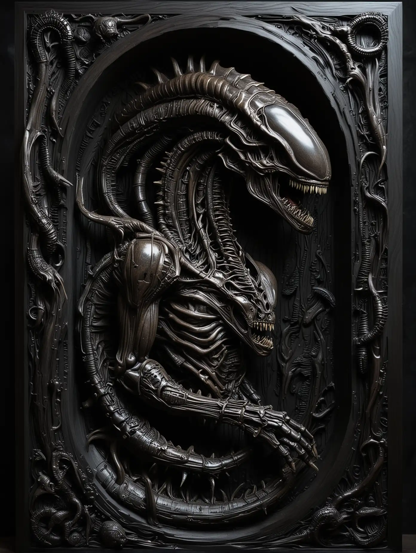 
A finely carved Xenomorph emerges from the depths of polished black wood