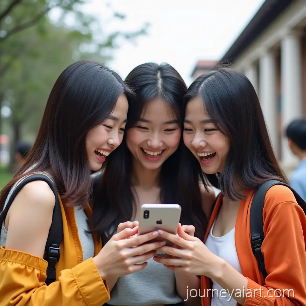 Three-University-Students-LaughingUniversity-girls-giggling-together-Together-Over-a-Smartphone-on-Campus