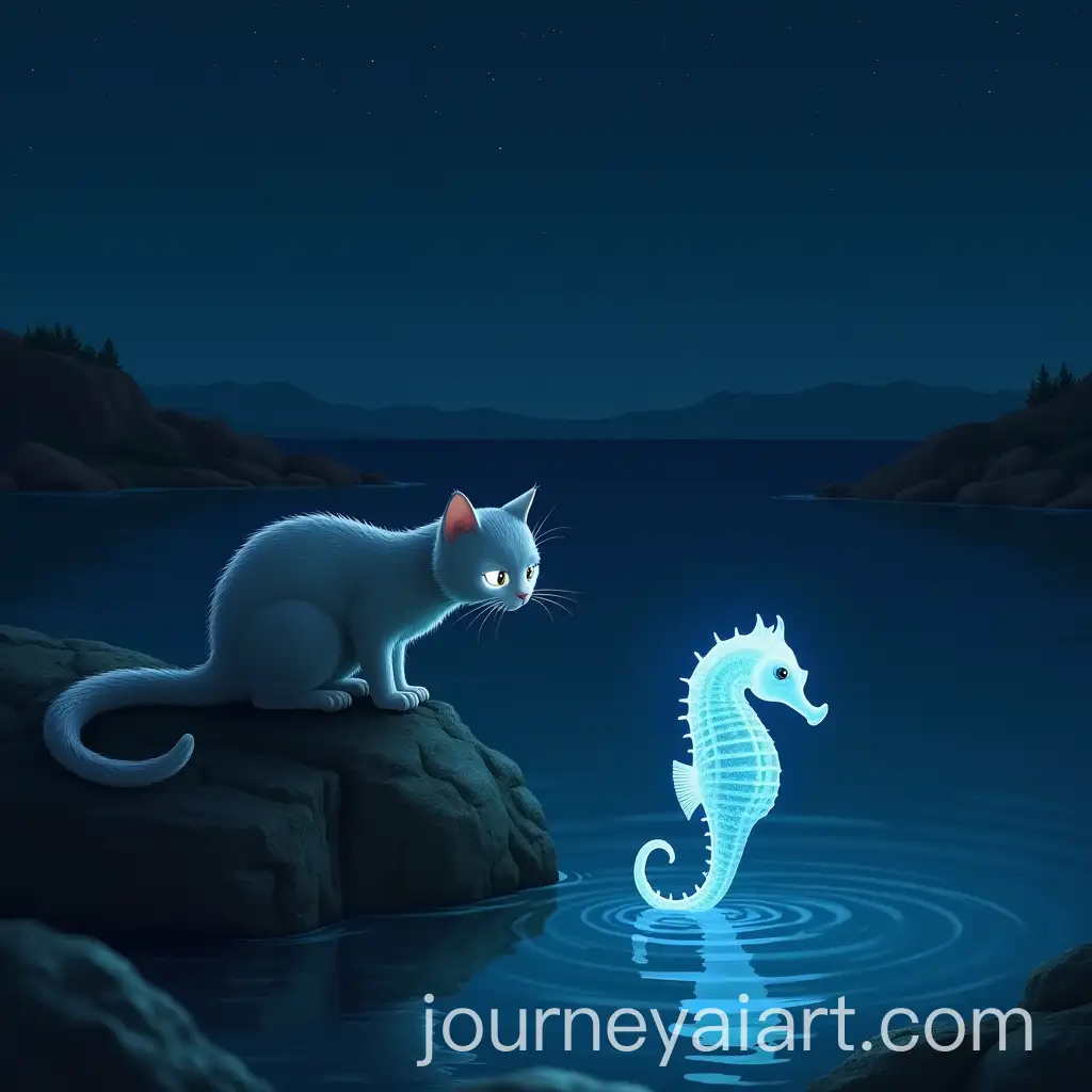 Curious-Cat-and-Glowing-Seahorse-on-a-Moonlit-Shore