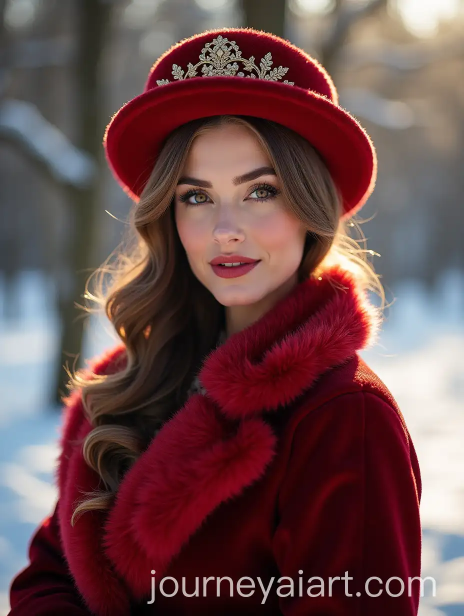 Elegant-Woman-in-Red-Velvet-Coat-Posing-in-Snowy-Winter-Wonderland