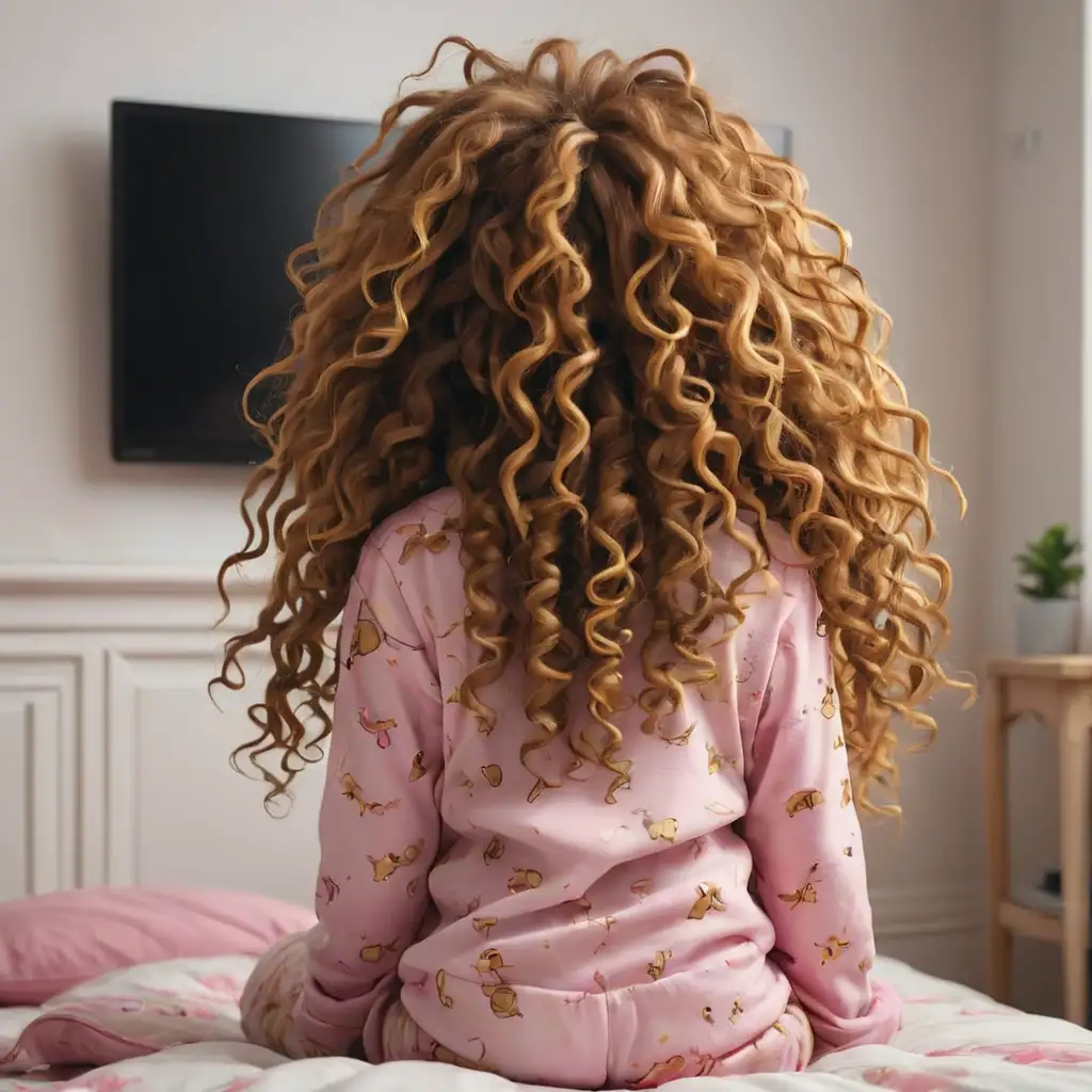 Cute 7YearOld Girl with Golden Curly Hair in Pink Pajamas Watching TV in Bedroom