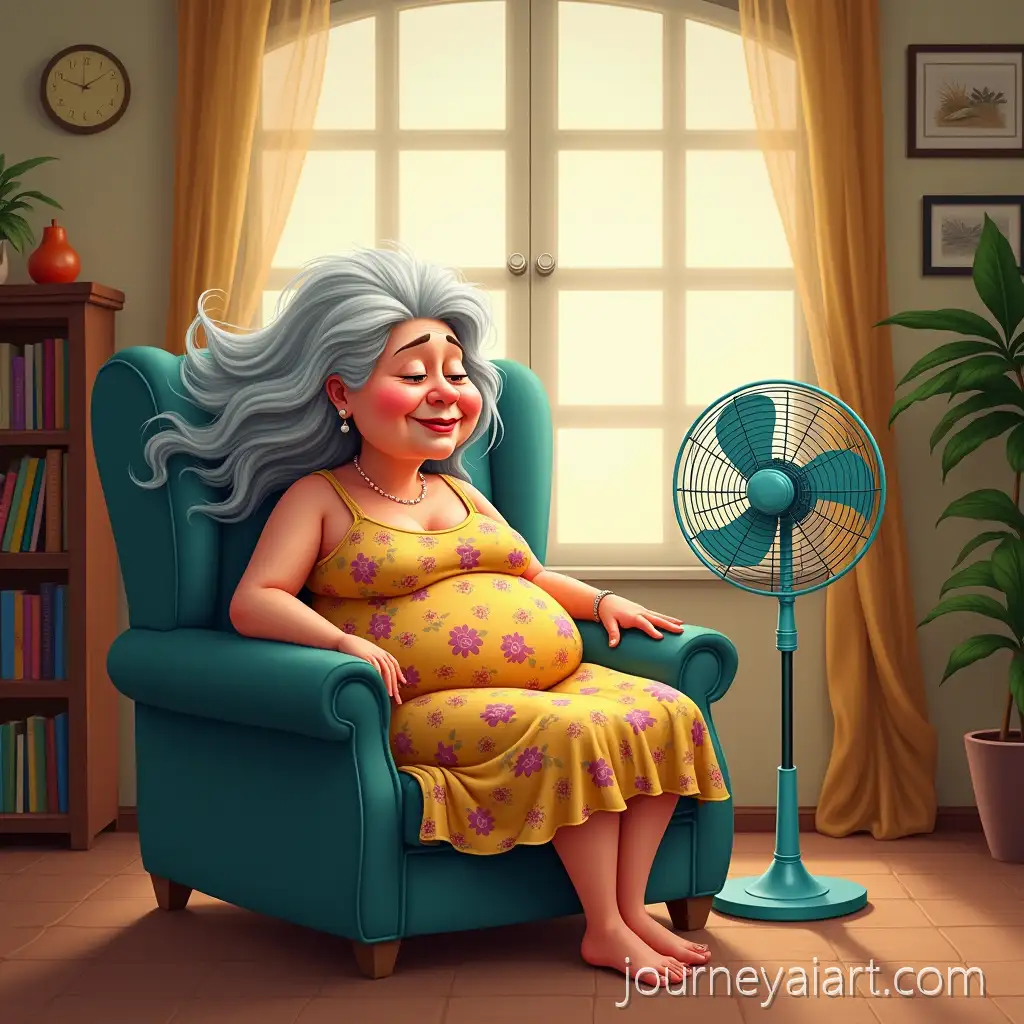 Whimsical-Caricature-of-Older-Woman-Relaxing-in-Living-Room-with-Fan-Blowing-Hair