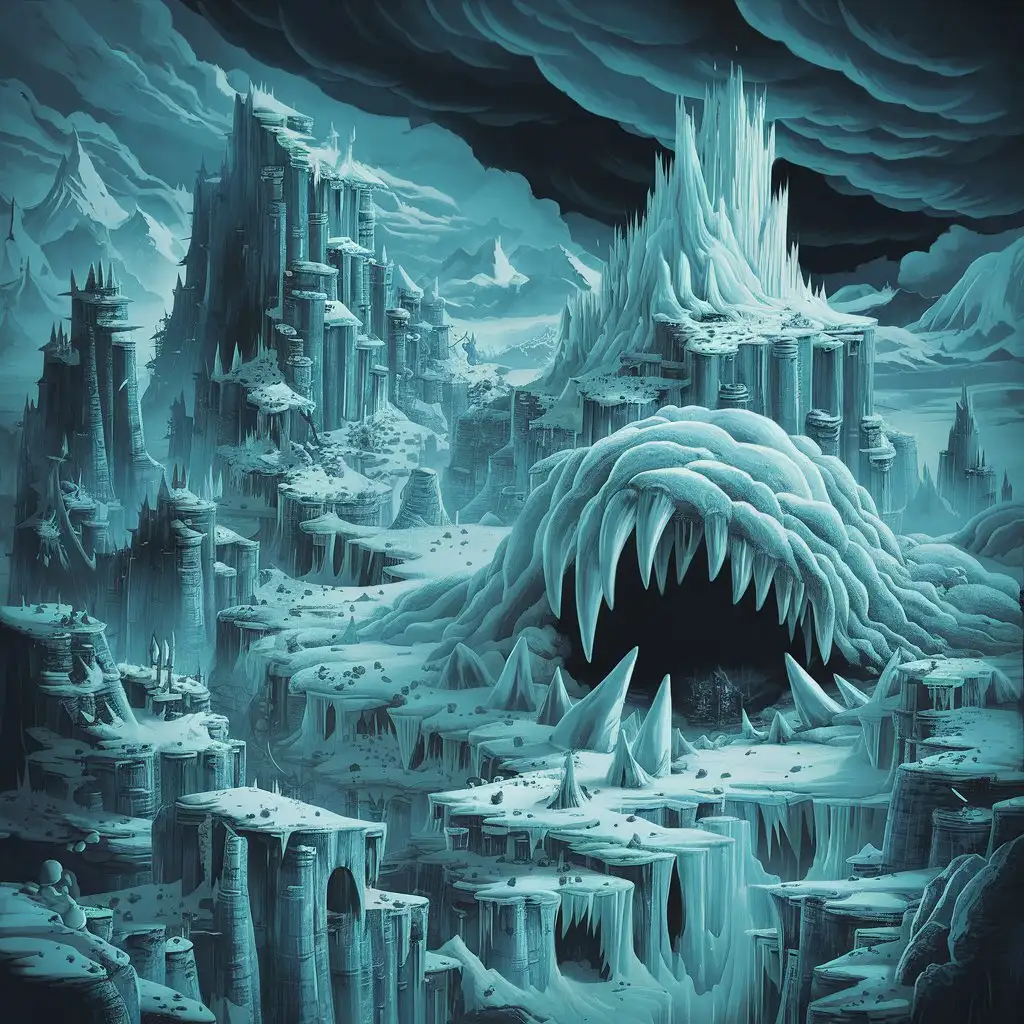 Stylized Video Game Cover Art of a Stormy Mountainous Region