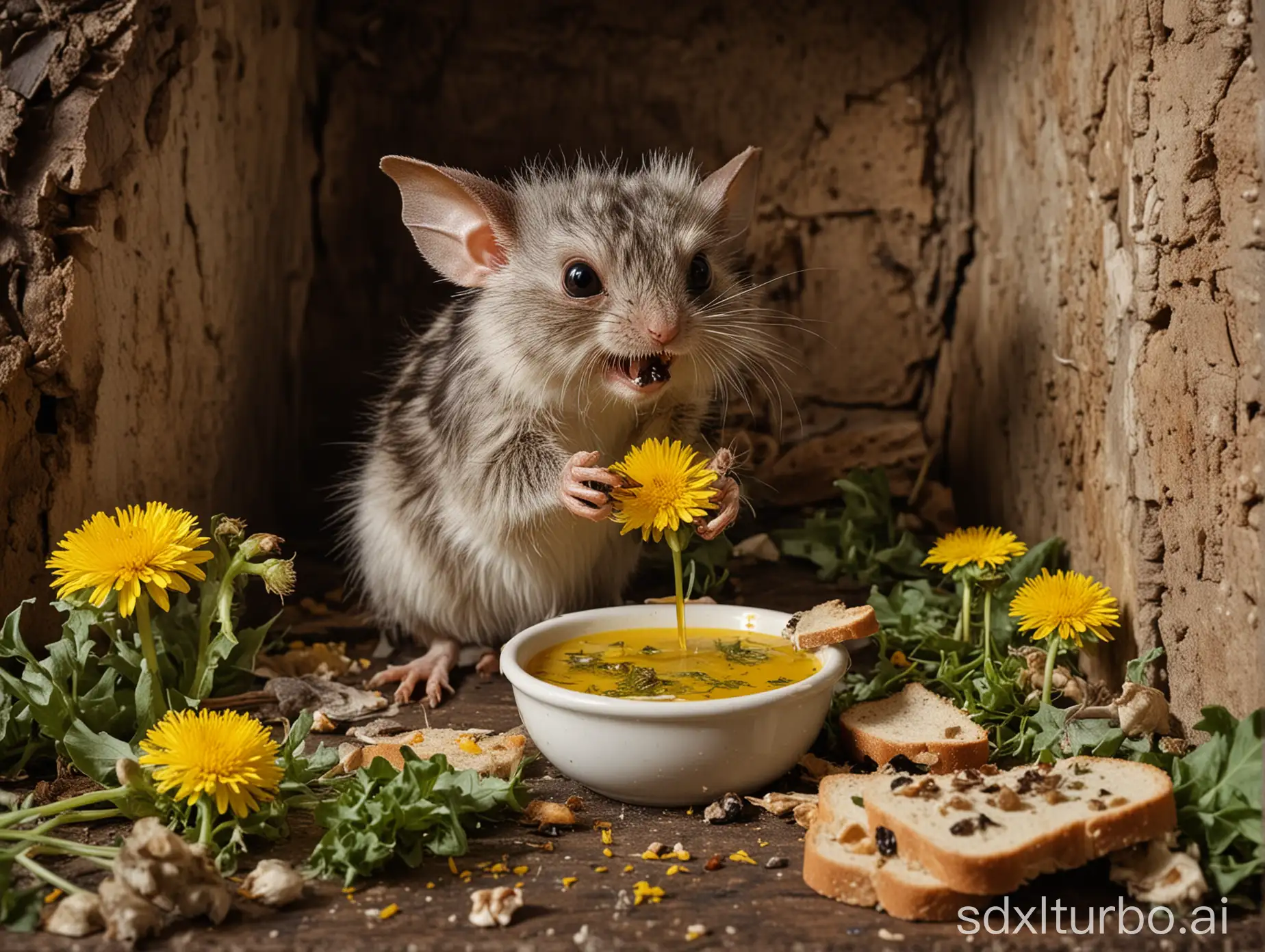 gremlin eats soup made from dandelions, cockroaches and bread, in his lair