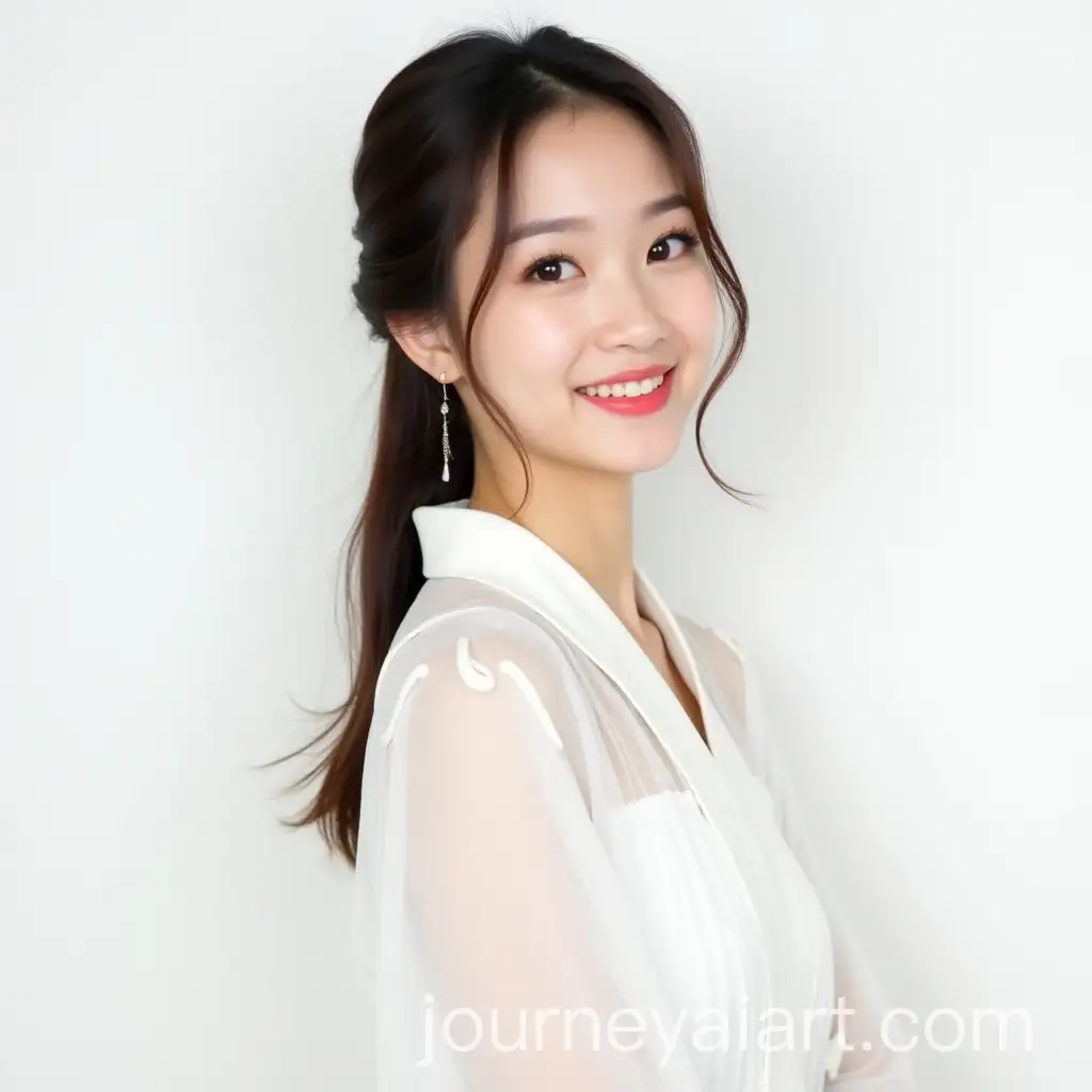Beautiful-Young-Lady-in-White-Dress-with-Douyin-Makeup-Against-White-Background