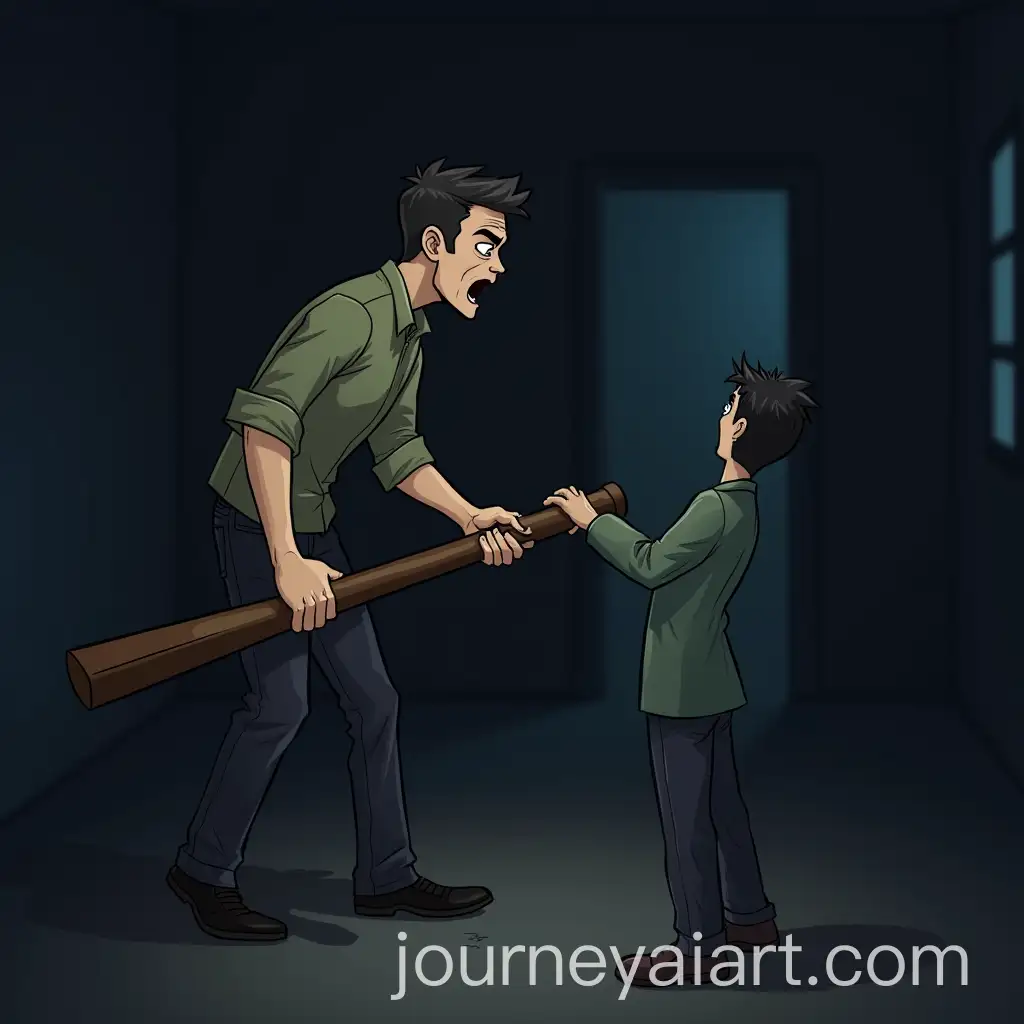 Scary-Cartoon-Man-Preparing-to-Strike-with-a-Plank-in-a-Dark-Room