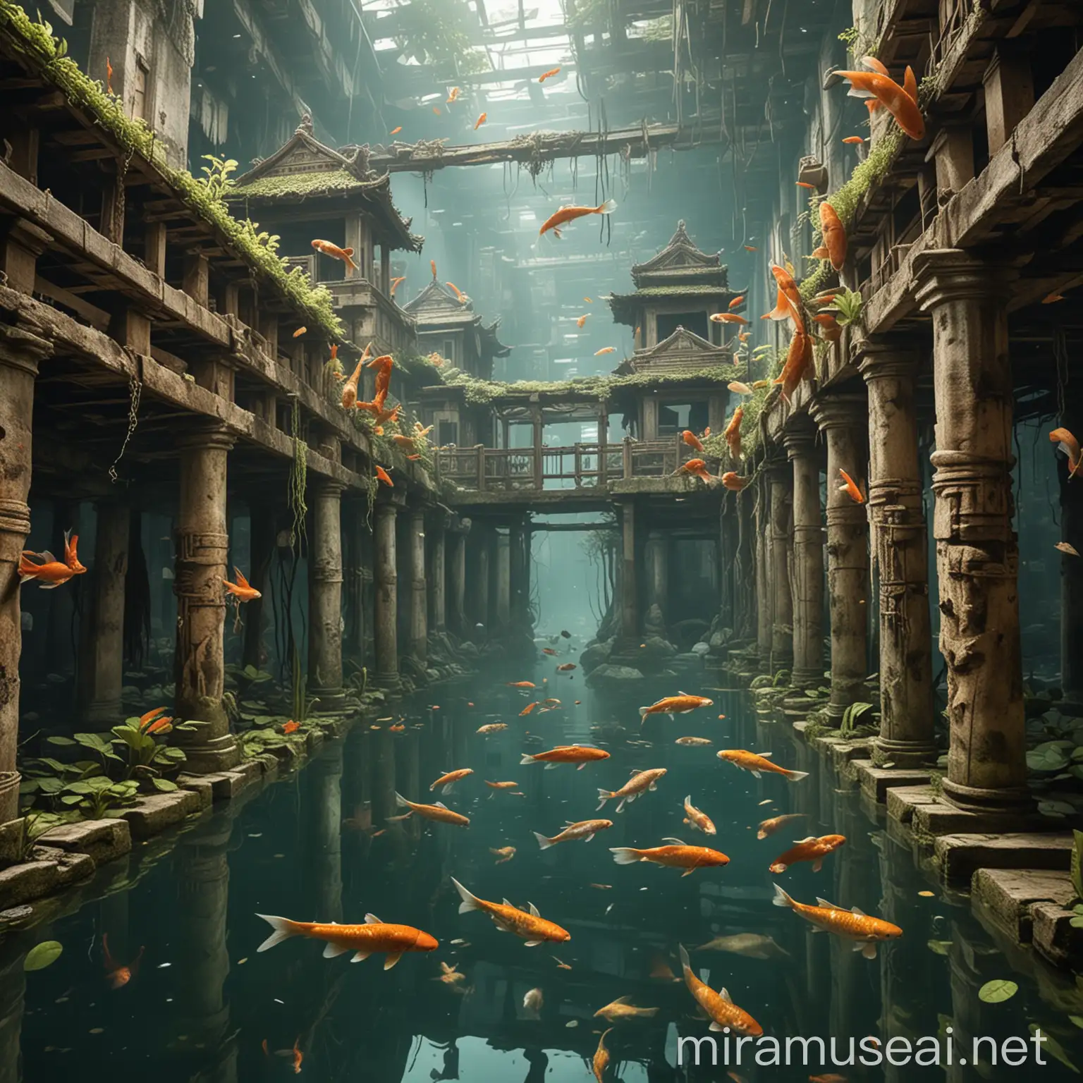 Ancient Civilization Underwater Koi Fish Swimming Amid Old Structures