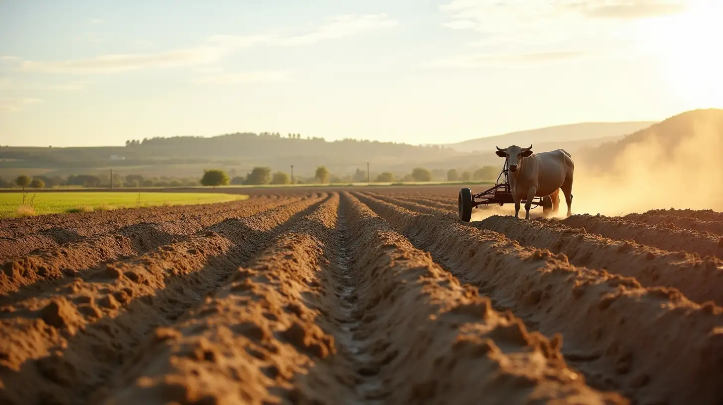 Scenic Landscape of a Ploughed Field with an Old OxDrawn Plow