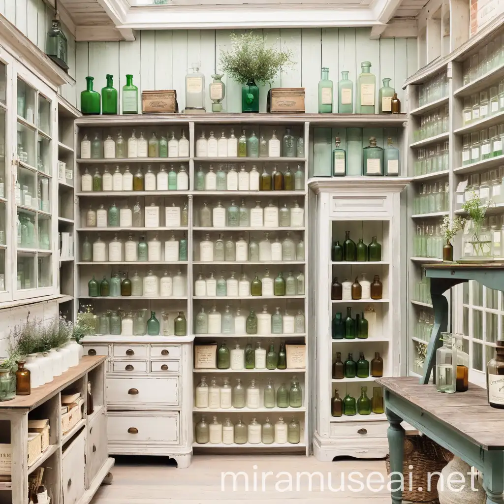 Vintage Apothecary Store with Shabby Chic Decor and Soft Glow