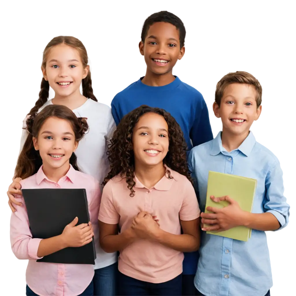 A macro, detailed image of children standing at a school assembly.  Their faces are cute and happy.  A teacher is at the front with an African American boy.  She is congratulating him for a job  well done.  The portrait is realistic with studio lighting.