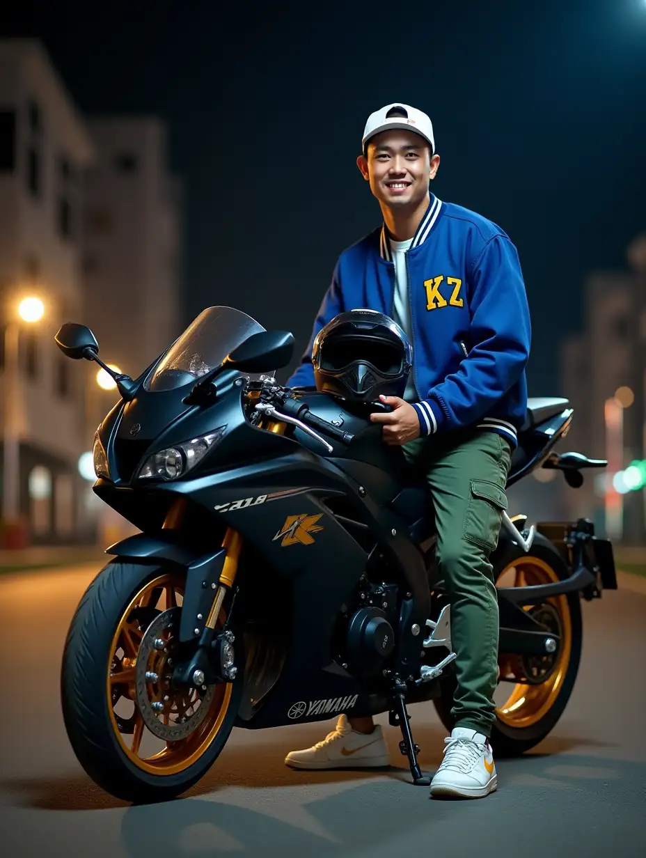 Indonesian-Man-in-Varsity-Jacket-Sitting-on-Yamaha-YZFR15-at-Night