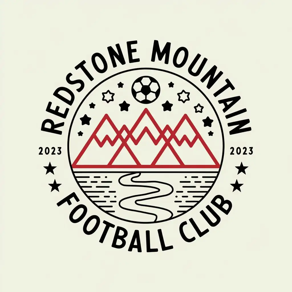 a vector logo design,with the text "REDSTONE MOUNTAIN FOOTBALL CLUB 2023", main symbol:3 red line mountains, black and white soccer ball flying, 5 stars in the sky, 1 river, overall circular pattern, simple pen drawing style,Moderate,clear background