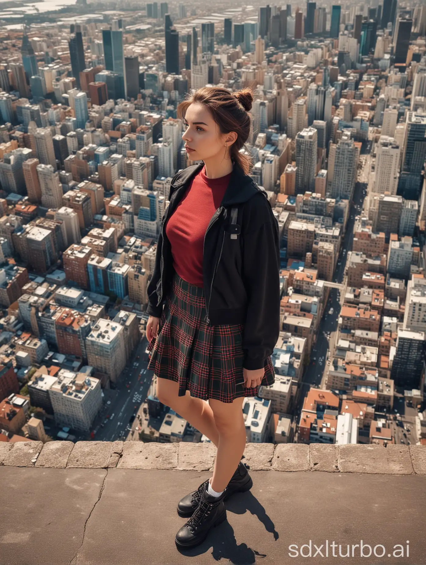 Urban-Woman-in-Tartan-Skirt-Exploring-Futuristic-Cityscape