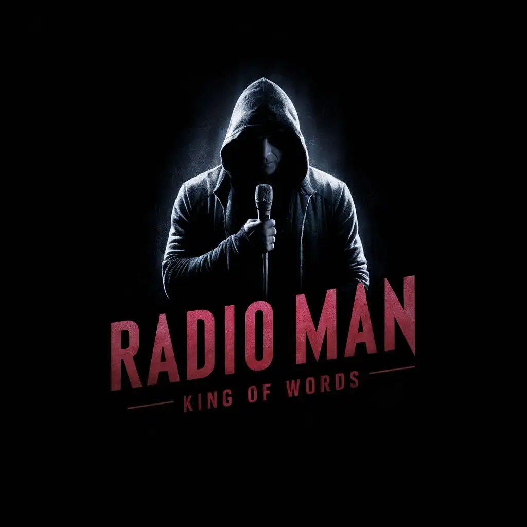 Dark-Theme-Logo-Design-Hooded-Male-Figure-Holding-Mic-Radio-Man-King-of-Words