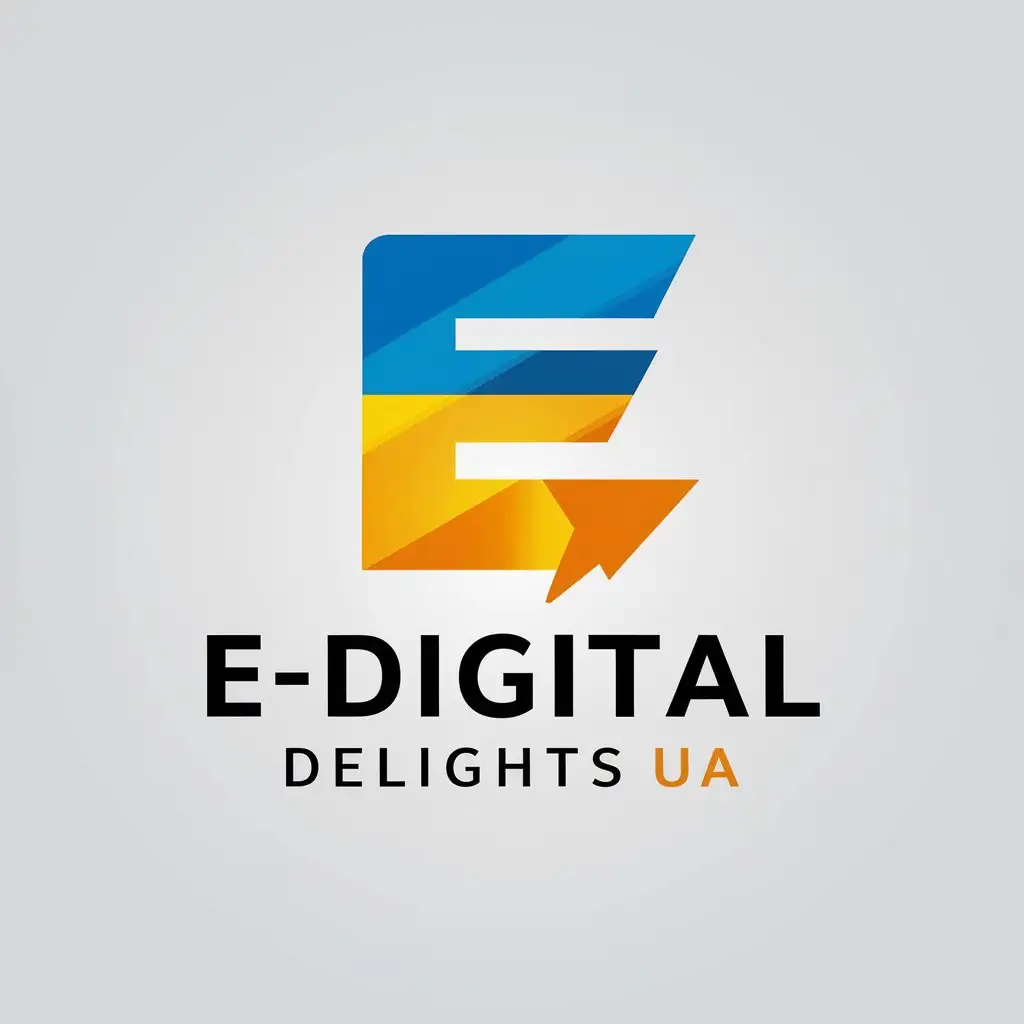 a vector logo design,with the text "E-Digital Delights UA", main symbol:a vector logo design,with the text 'E-DigitalDelights', main symbol:The letter 'E' is the symbol for the electronic and the down arrow is the symbol for uploading files. Speed, simplicity,  Ukrainian flag multicolored, file,complex,be used in Online store industry,clear background,complex,be used in Online store industry,clear background