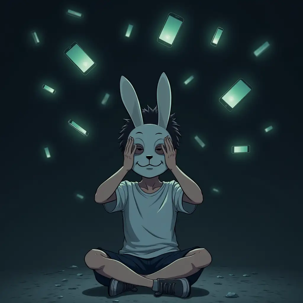 A boy in white t-shirt. He is wearing a mask of a rabbit. There are a lot of flying smartphones around him, buzzing and visible vibrations are coming from them. The boy is sitting on the ground covering his head from the noise. The whole picture is dark and creepy. Anime style.