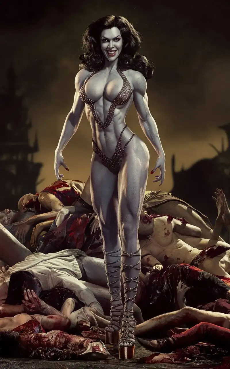 Dark-Fantasy-Cinematic-Portrait-of-Evil-Vampiress-Standing-Over-Fallen-Victims