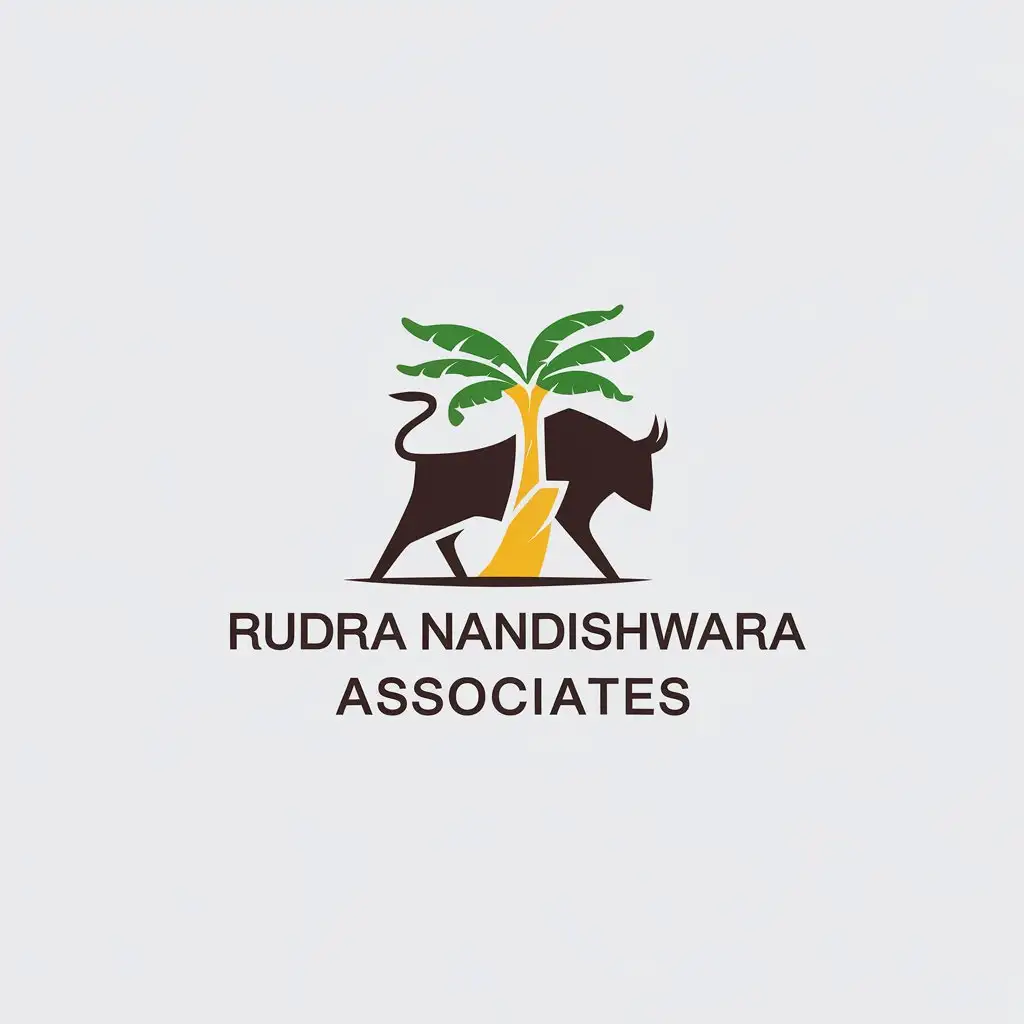 LOGO Design For Rudra Nandishwara Associates Minimalistic Bull with Banana Tree Symbol on Clear Background