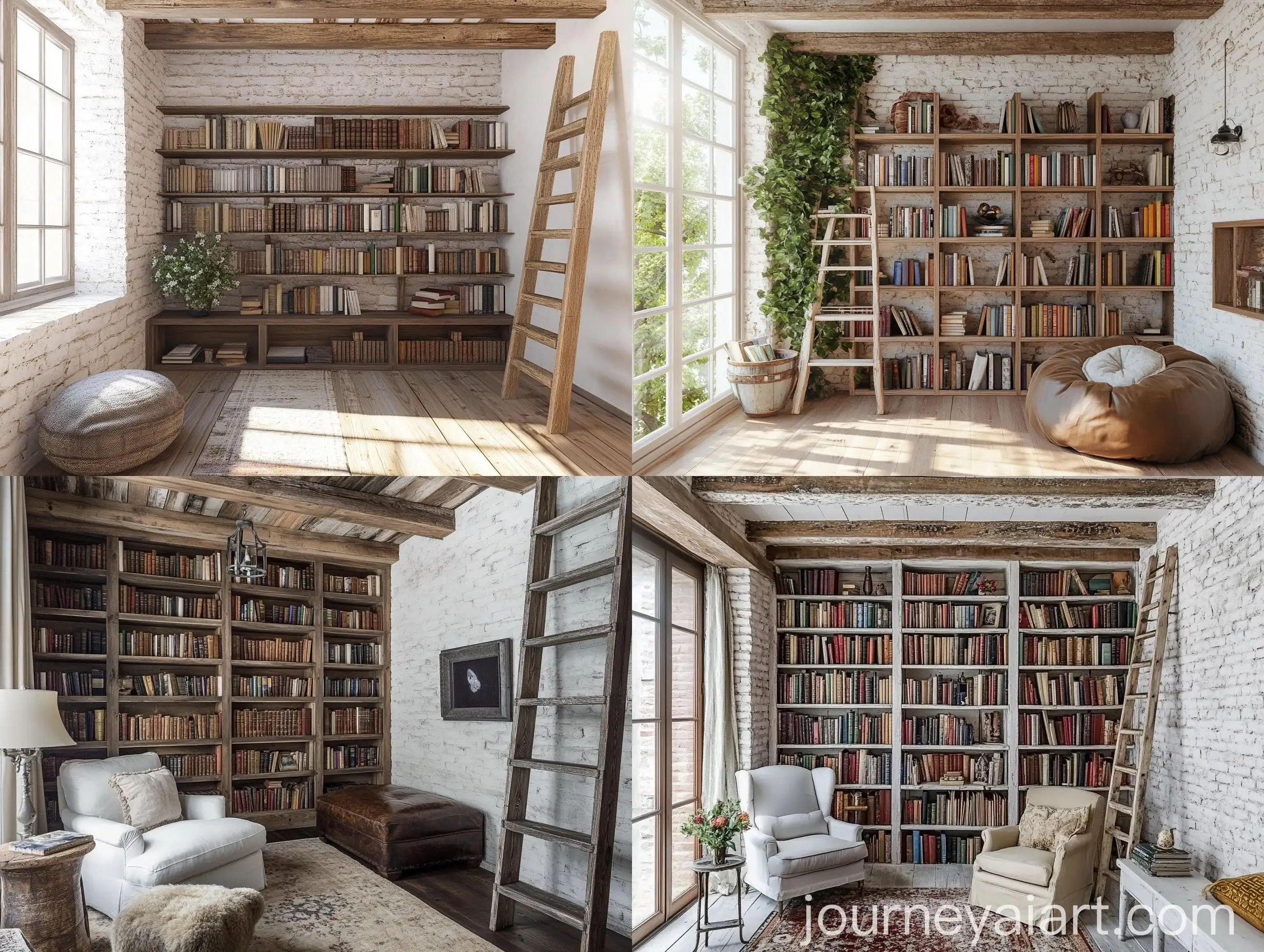 Modern-Farmhouse-Home-Library-with-Whitewashed-Brick-Wall-and-Rustic-Bookshelves