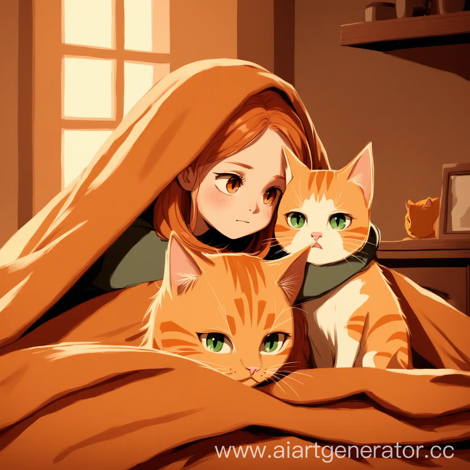 Draco-and-Hermione-Hugging-Under-a-Blanket-with-Ginger-Cat-in-Warm-Hues