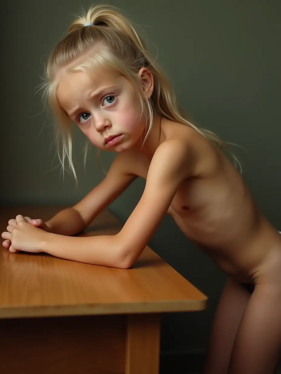 Young-Girl-with-Worried-Expression-at-a-Wooden-Desk