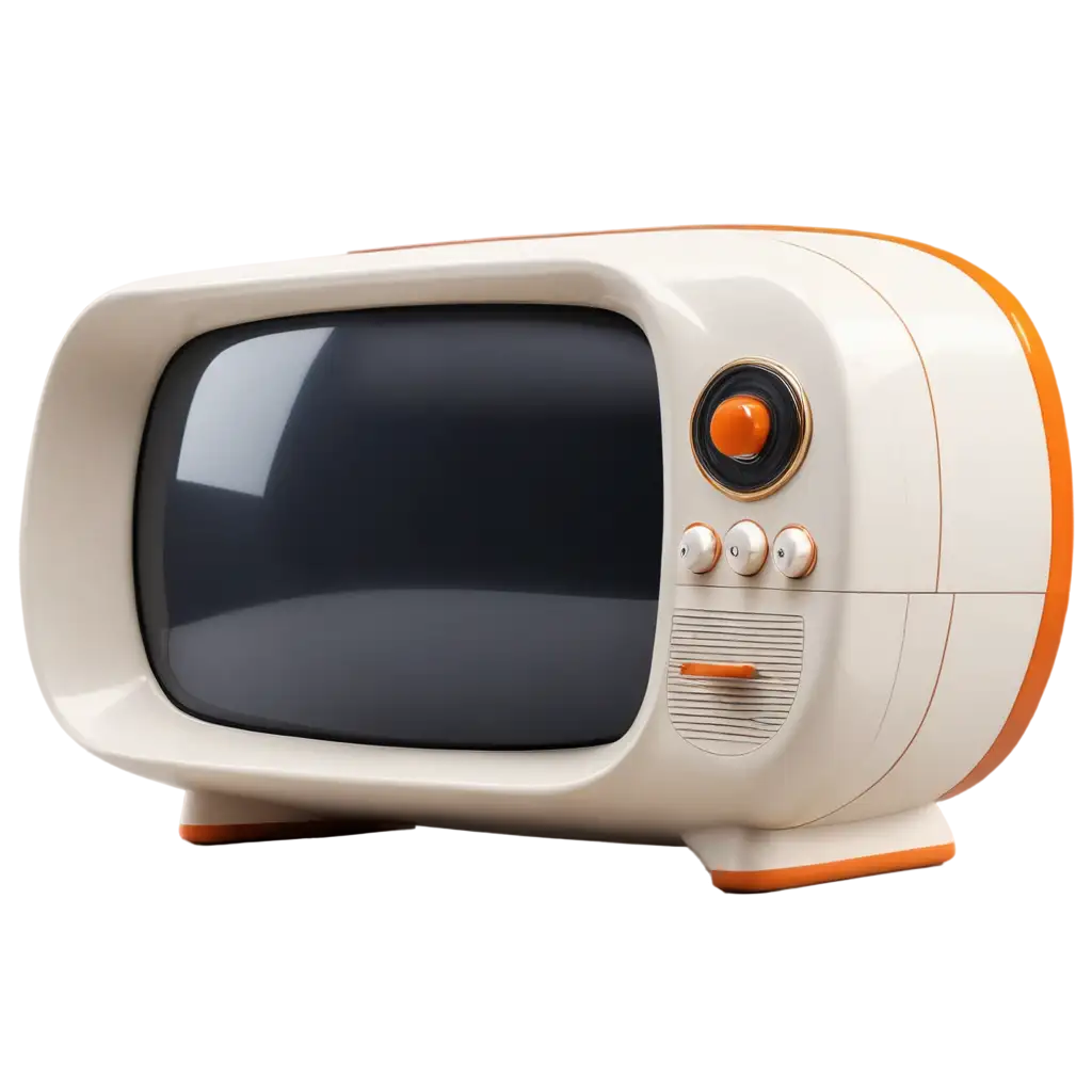 rounded television with a large screen, physical buttons and knobs on the right side, rounded antennas, retro-futuristic style, white and orange color scheme