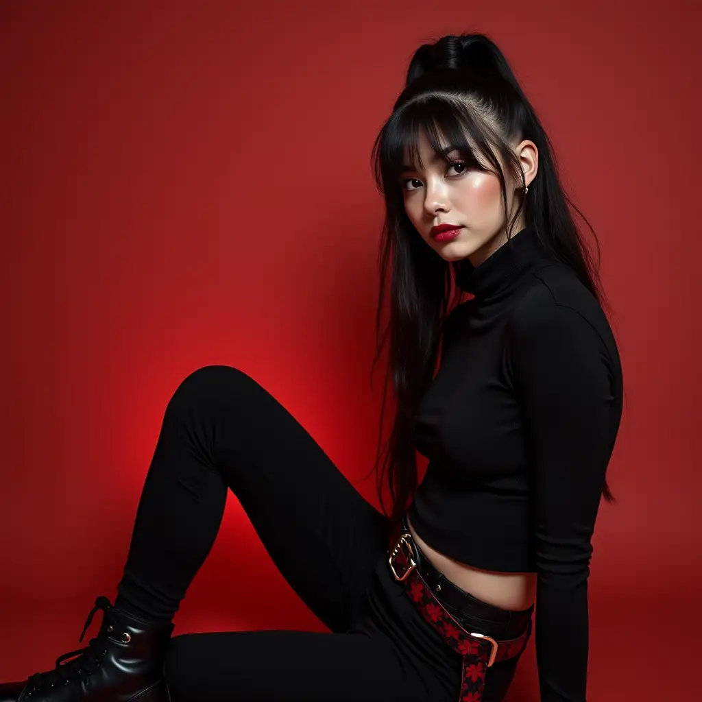 MAKE A PHOTO OF A GEN Z GIRL STYLISH HOT BLACK AND RED CLOTHES