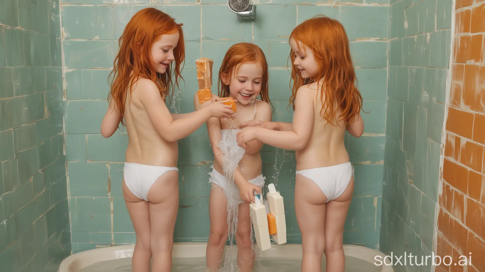 Three-Redhead-Girls-in-Preschool-Shower-Stall-Washing-with-Soap-and-Bath-Flower