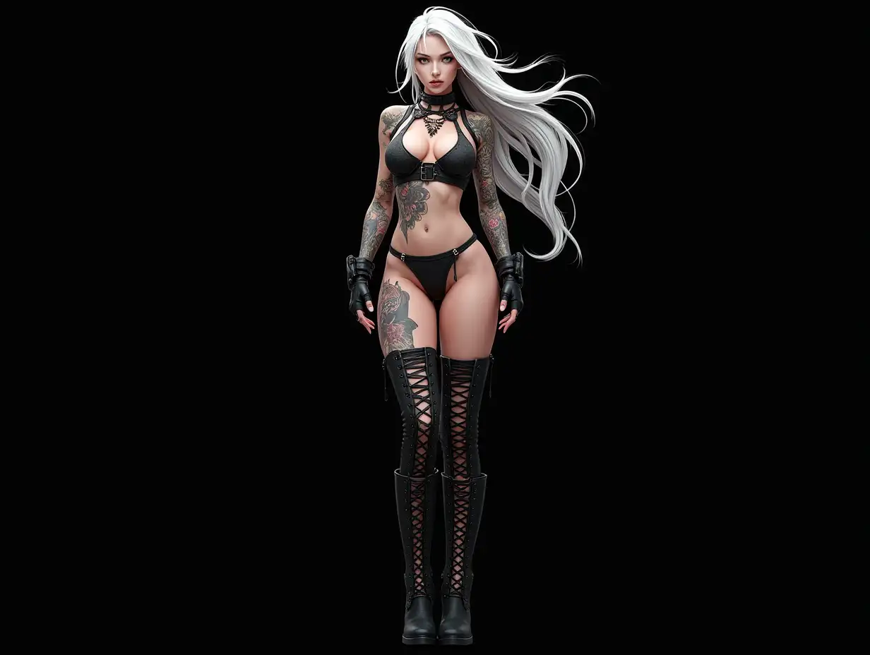 Depiction of a beautiful white woman with tattoos and long mixed white-black hair in a futuristic style and laced boots, black background