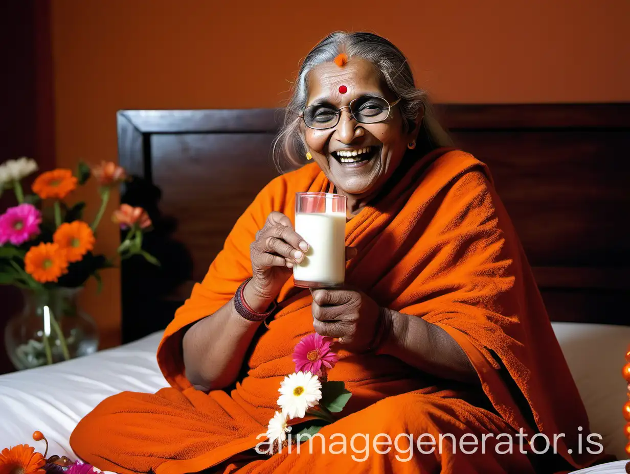 an indian hindu fat mature curvy woman monk having age 75 years old with makeup wearing an orange cotton towel and a flower garland , she is sitting holding a glass of milk  on a bed with long open hairs in an ashram, she is happy and laughing wearing a power spectacles, a lots of gift boxes are on the  sofa  and floor, and a goat is there and a lots of flowers are on the bed, its dark in room and oil lamps are there