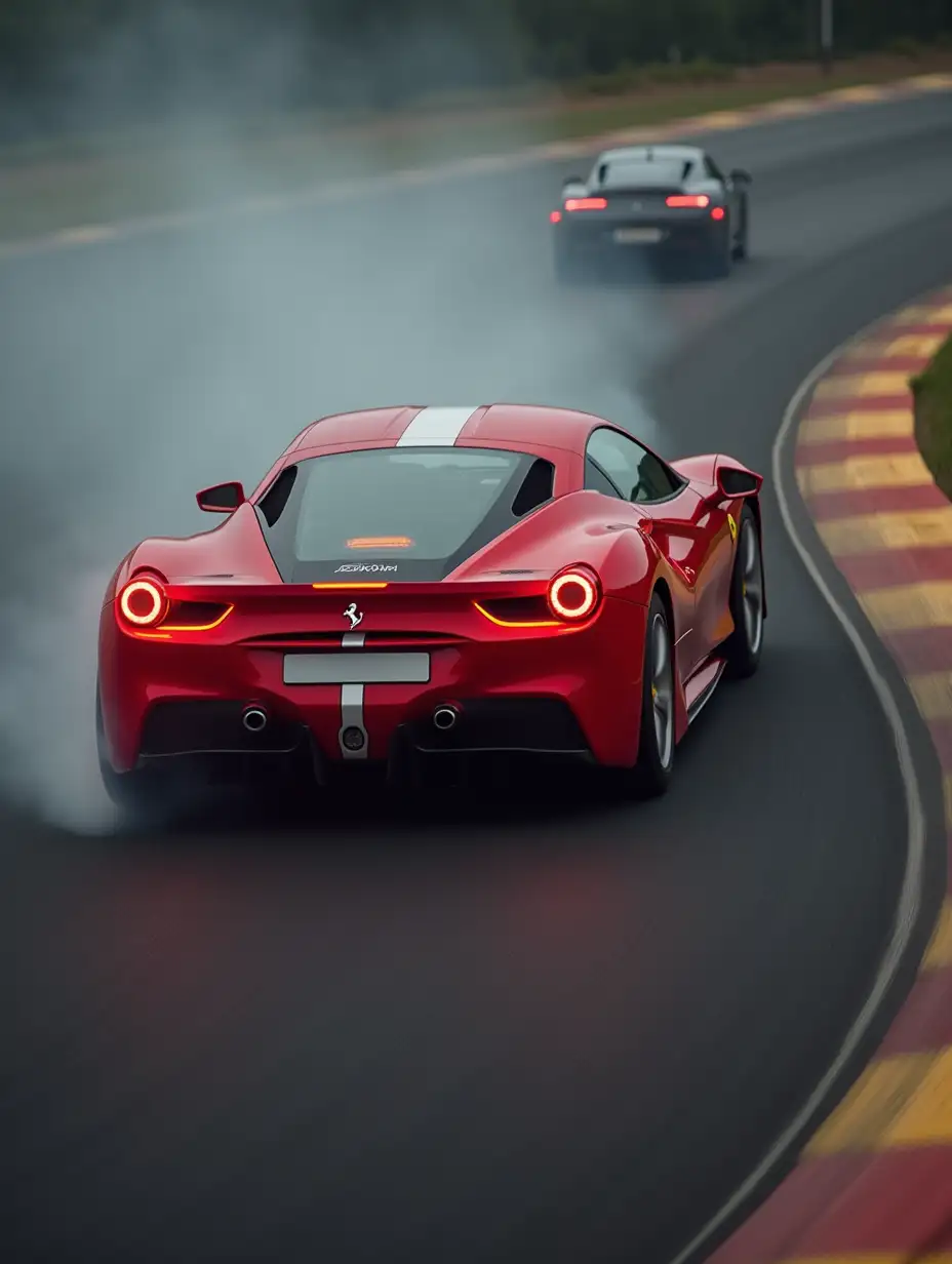 A powerful Ferrari, a blur of red on a race track. The car is leaning into a sharp turn, its tires screeching and smoke billowing.