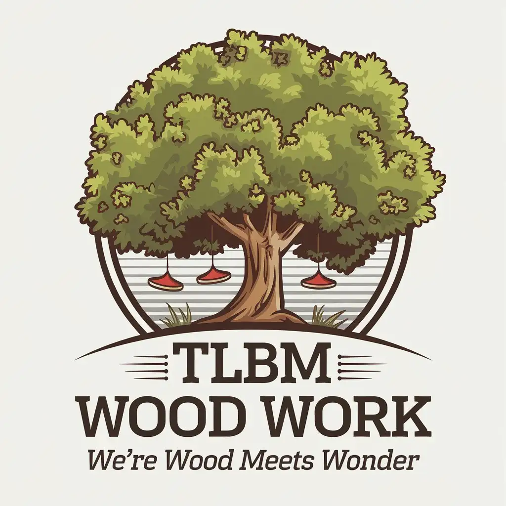 LOGO Design for TLBM Wood Work Simple Cartoon Tree with Spinning Tops and Cheerful Fonts